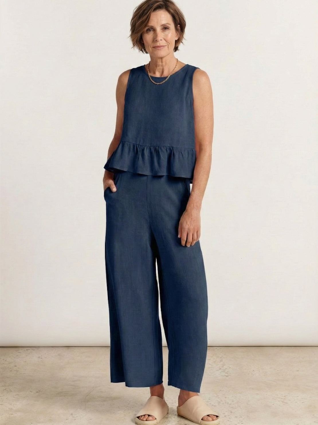 woman wearing Jetsetter Linen-Like Feel Set two-piece outfit in soft, airy fabric ideal for travel and comfort