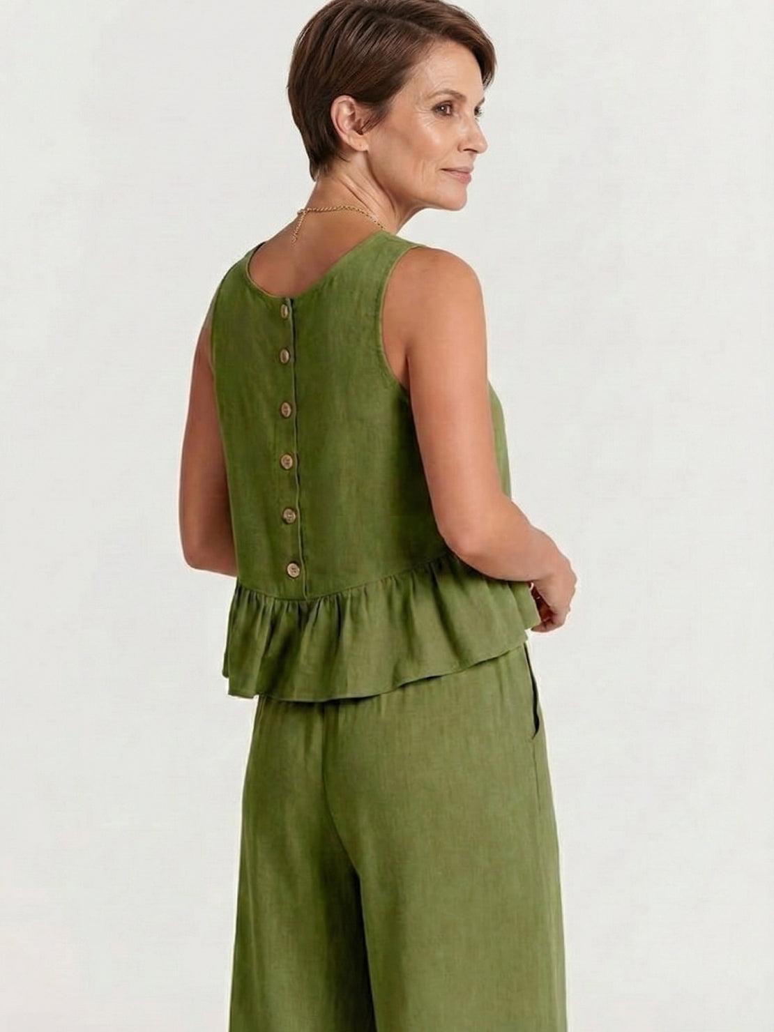 Two-piece linen-like feel set for women, lightweight breathable fabric with wrinkle-resistant comfort, perfect for travel and inclusive sizing