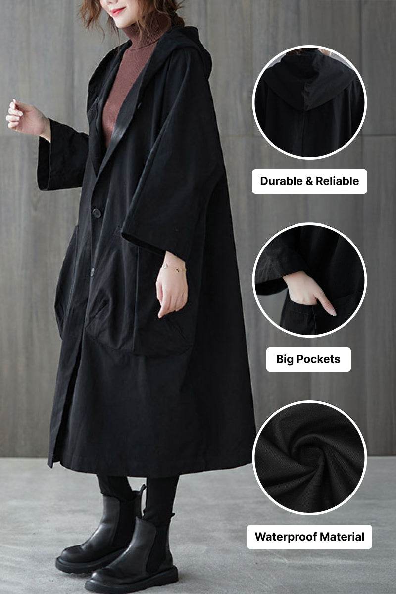 One size fits all oversized black waterproof windbreaker jacket with hood and large pockets