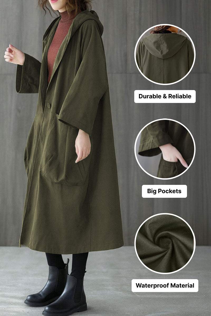 Oversized one size water-resistant windbreaker jacket with waterproof design, attached hood, large pockets, and durable polyester material.