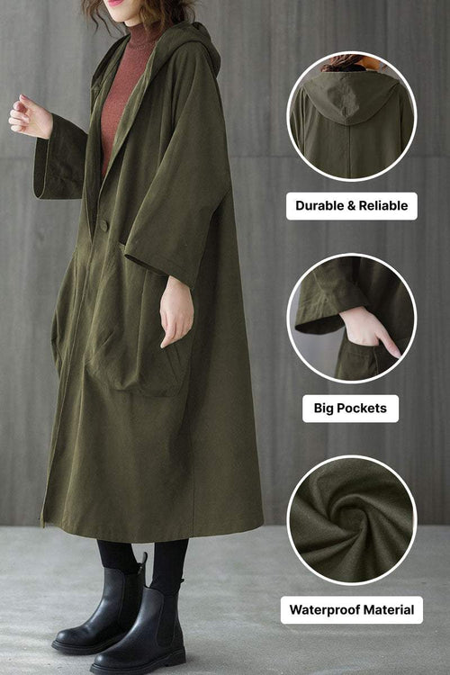 Oversized one size water-resistant windbreaker jacket with waterproof design, attached hood, large pockets, and durable polyester material.