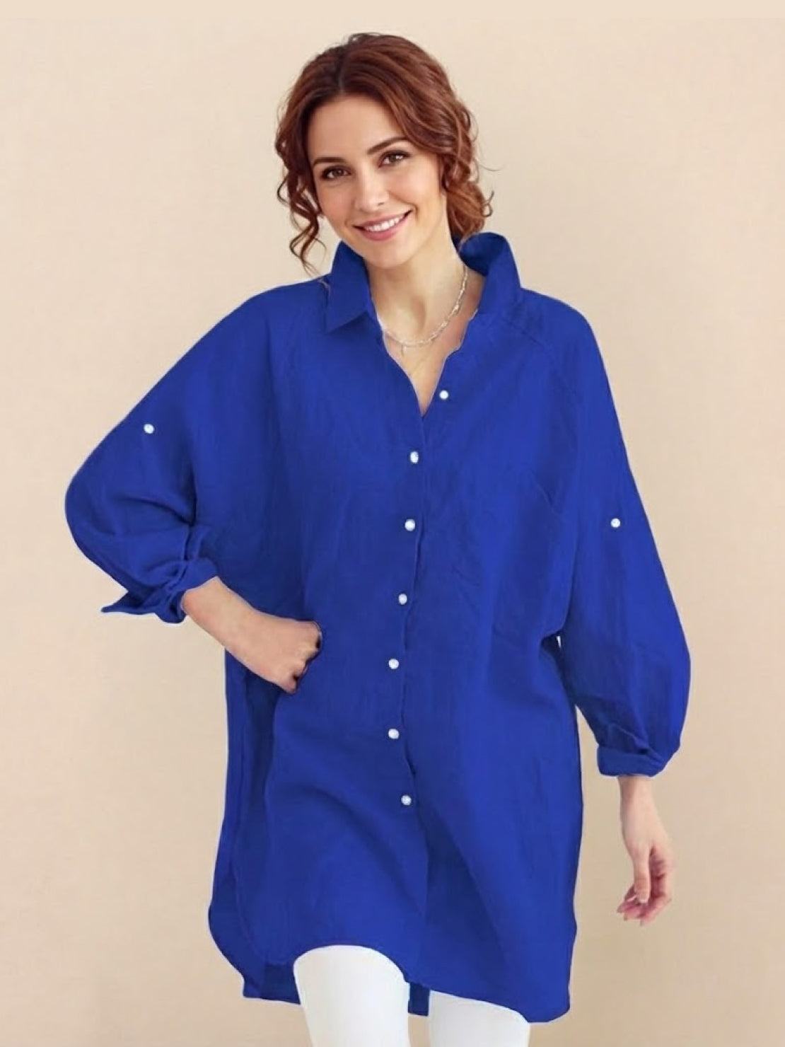 Oversized linen shirt made from breathable cotton and linen blend with relaxed fit and back button detailing