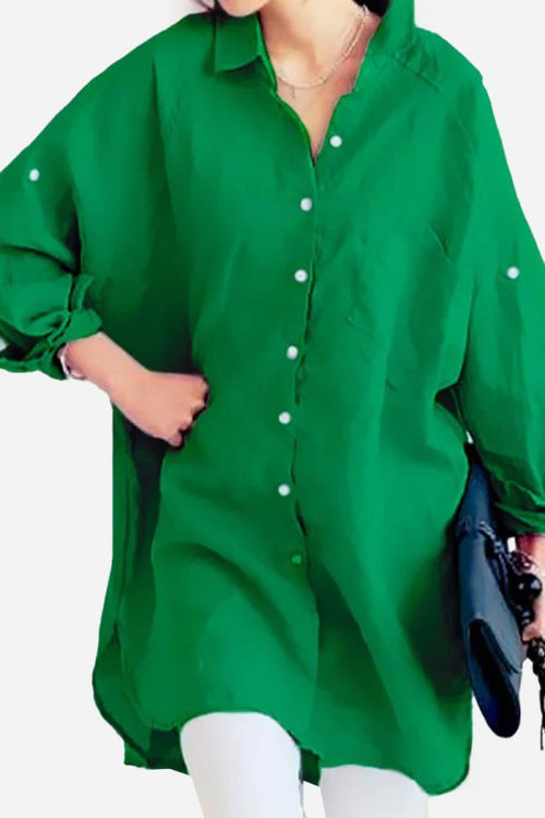 Green oversized linen shirt with long sleeves and button-down front