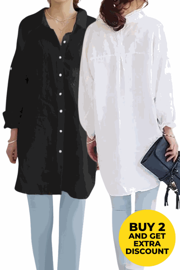 Two oversized linen shirts in black and white with long sleeves and button-up front, styled casually with light blue jeans and accessories, promoting a buy 2 discount.