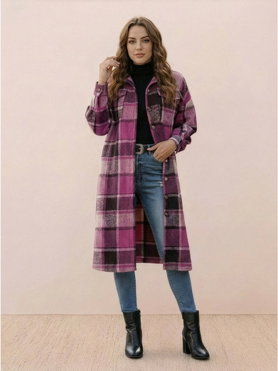 Oversized medium-length blue plaid overshirt wool blend jacket with functional pockets and relaxed fit