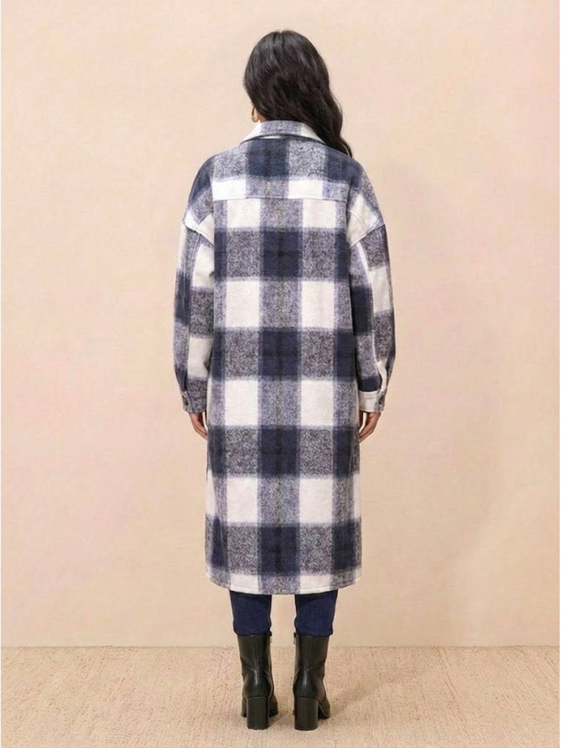 Oversized medium-length blue plaid wool-blend overshirt jacket with functional pockets and relaxed fit