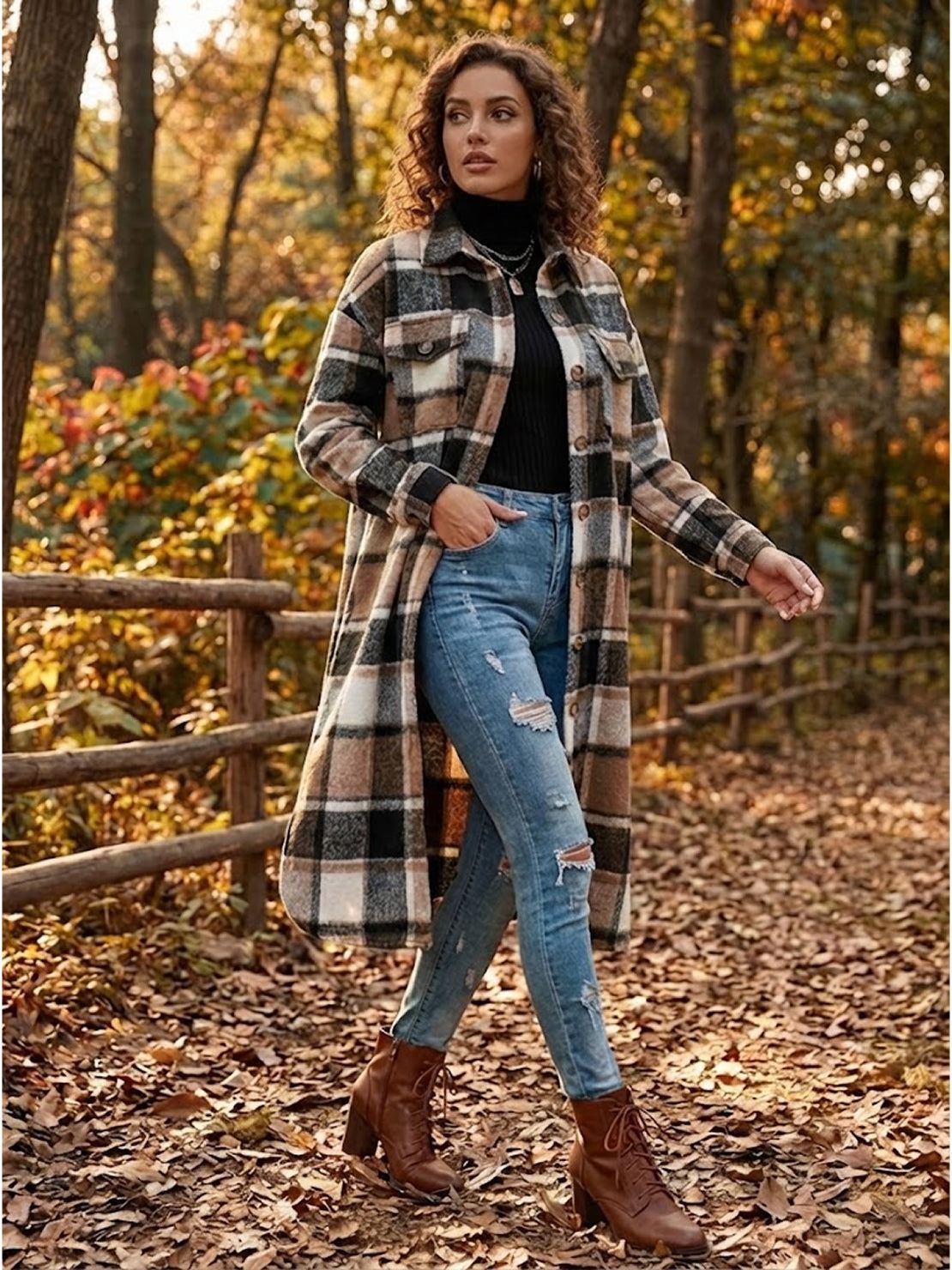 Oversized medium-length blue plaid overshirt wool-blend shacket with functional pockets and relaxed fit