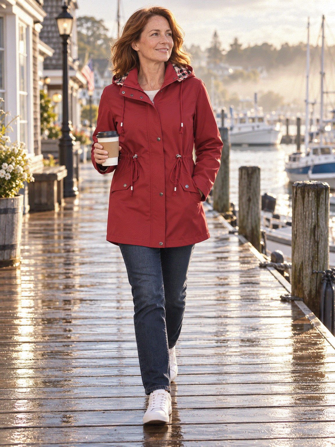 woman wearing plaid-lined hooded rain jacket with waterproof shell and drawstring waist outdoors