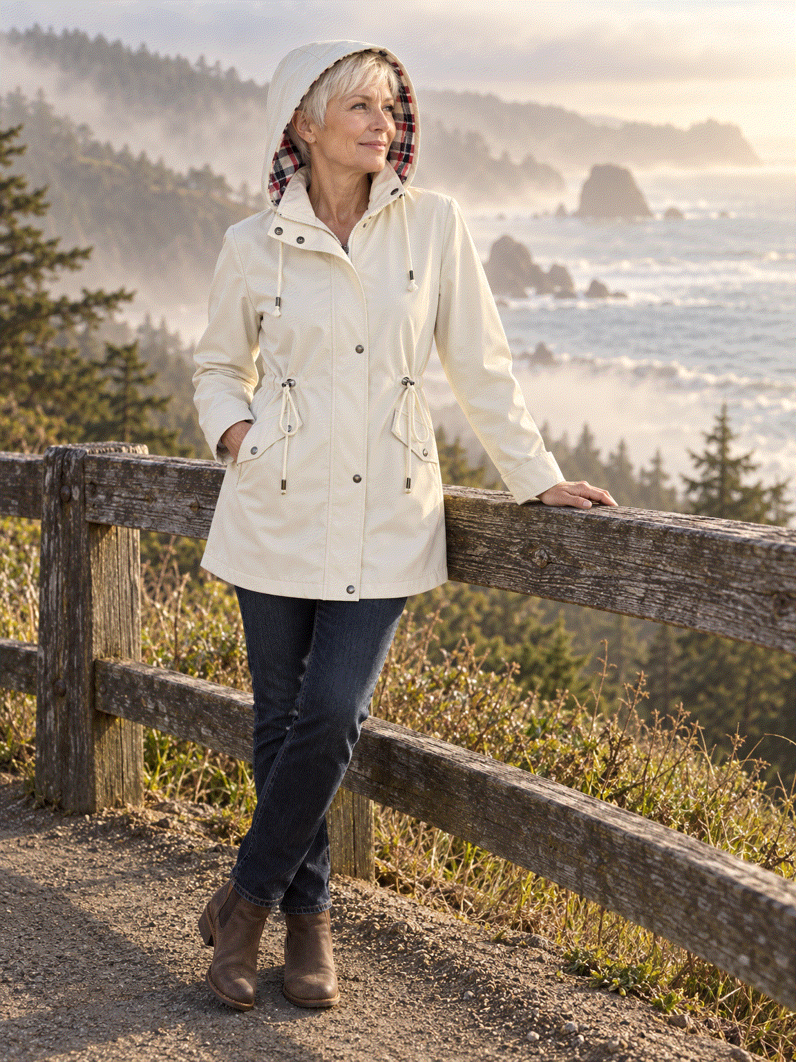 Woman wearing a waterproof plaid-lined hooded rain jacket with drawstring waist and snap pockets