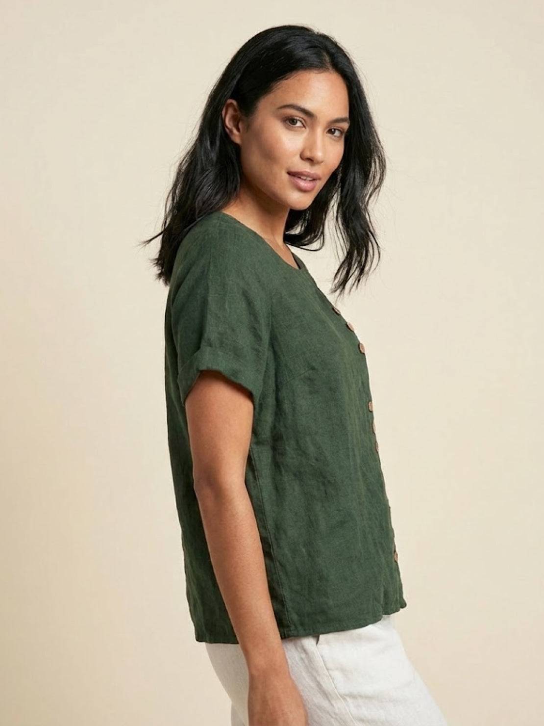 Relaxed Fit Linen Button-Up Tee in breathable cotton with short sleeves and stylish button detail