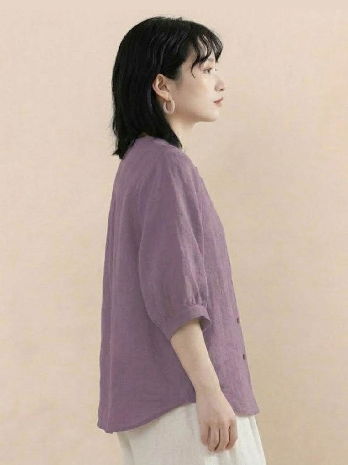 Relaxed loose breathable linen blouse in soft purple with 3/4 sleeves and button-down front