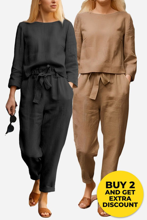 women's 100 cotton linen monochrome two-piece set in black and brown breathable fabric