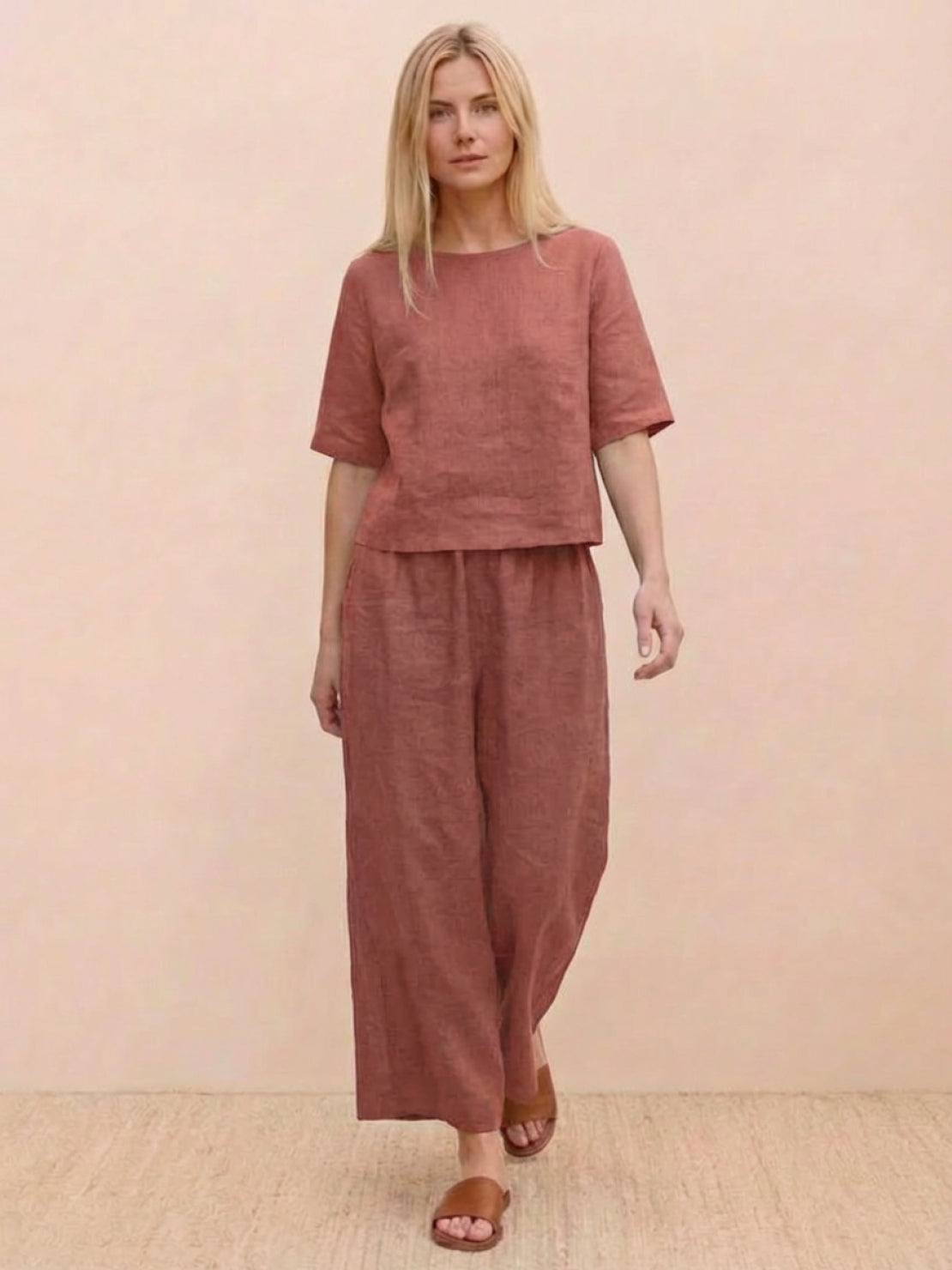 Loose fit co-ord set featuring a soft-tailored top with wide sleeves and wide-leg trousers in breathable cotton blend fabric