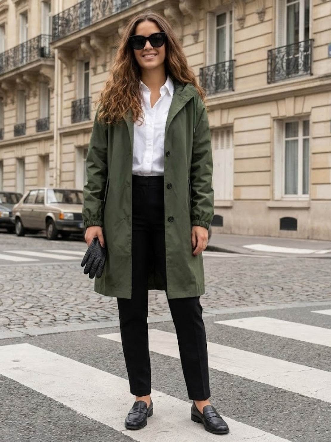 Trendy oversized Rain Couture Windbreaker in olive green, water-resistant and stylish for women