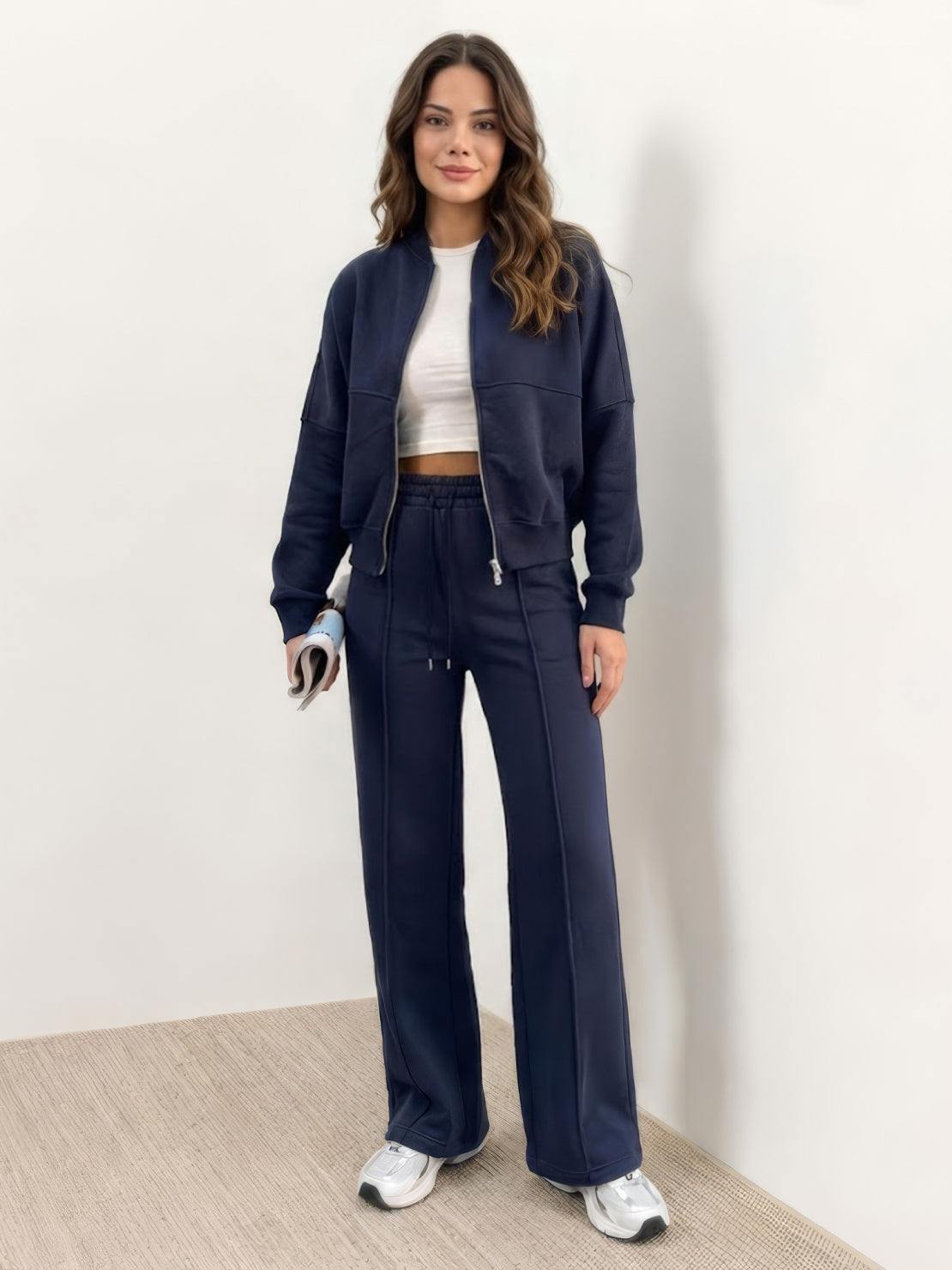 The Voyager Zip Set relaxed zip-front sweatshirt and wide-leg joggers travel outfit