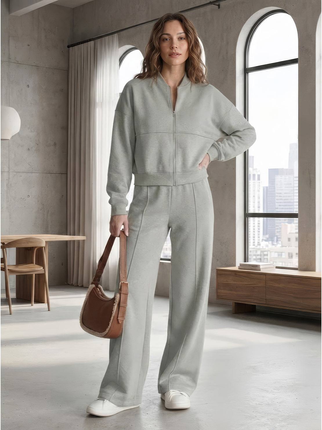 The Voyager Zip Set women's matching zip-front sweatshirt and wide-leg joggers for travel and casual style