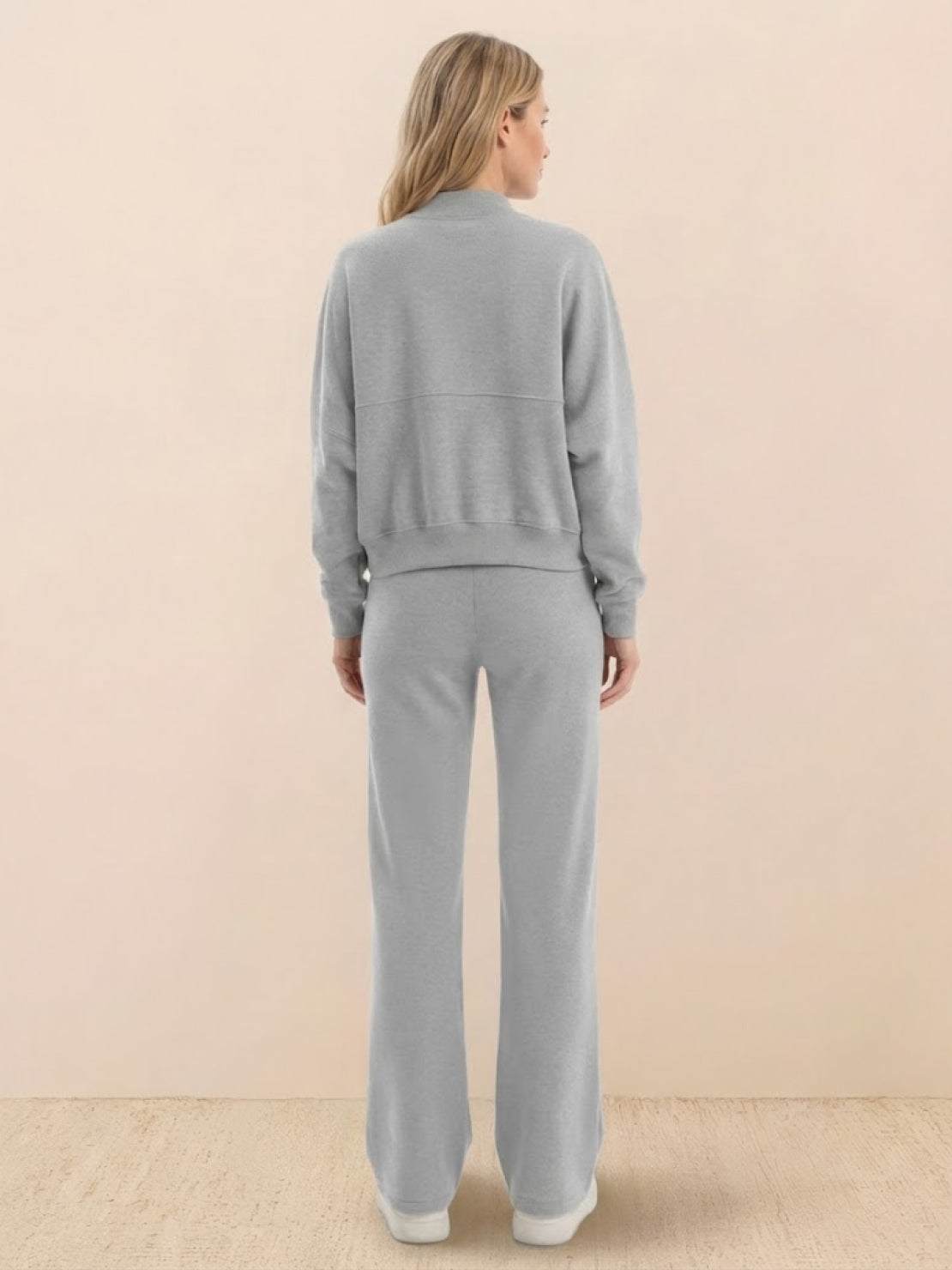 The Voyager Zip Set two-piece zip-front sweatshirt and wide-leg joggers in grey for travel and casual wear