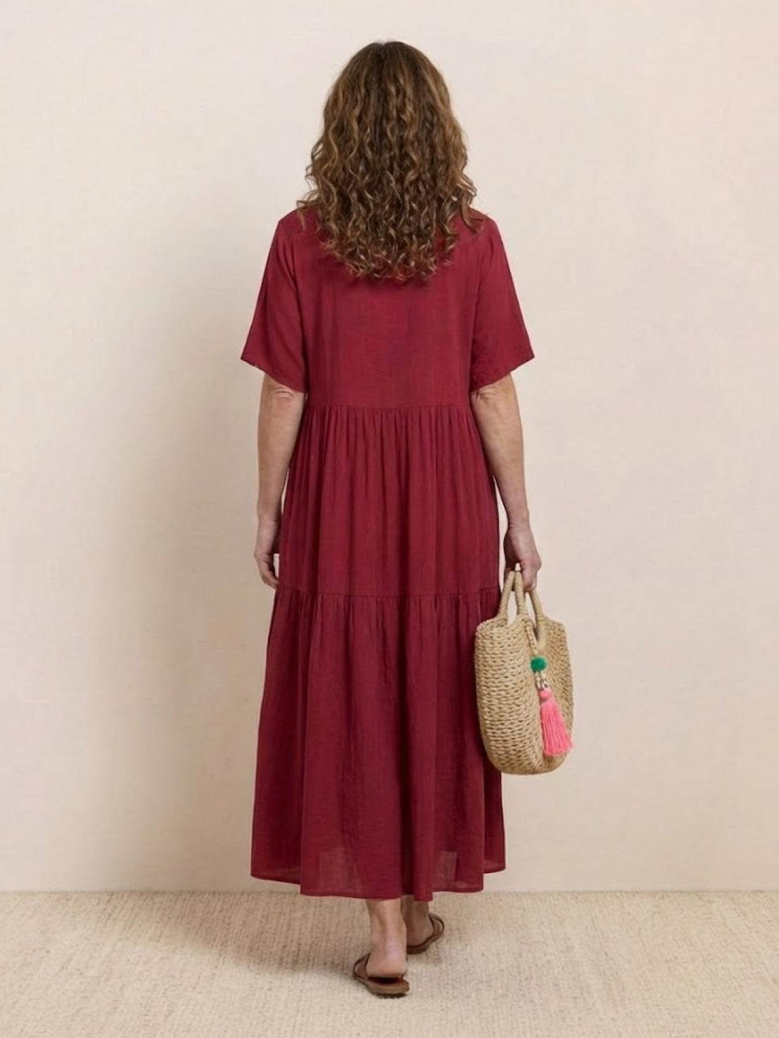 V-neck two-tiered maxi swing dress in lightweight cotton with irregular hemline and flowy tiers