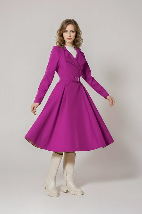 Water-repellent rain A-line hooded coat with belt in purple worn by woman