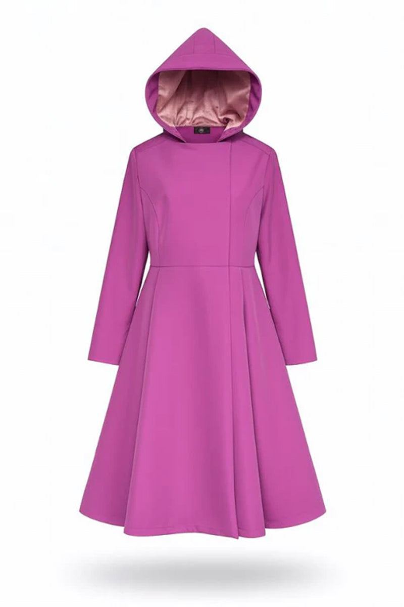 Purple water-repellent raincoat with hood and A-line feminine fit for women