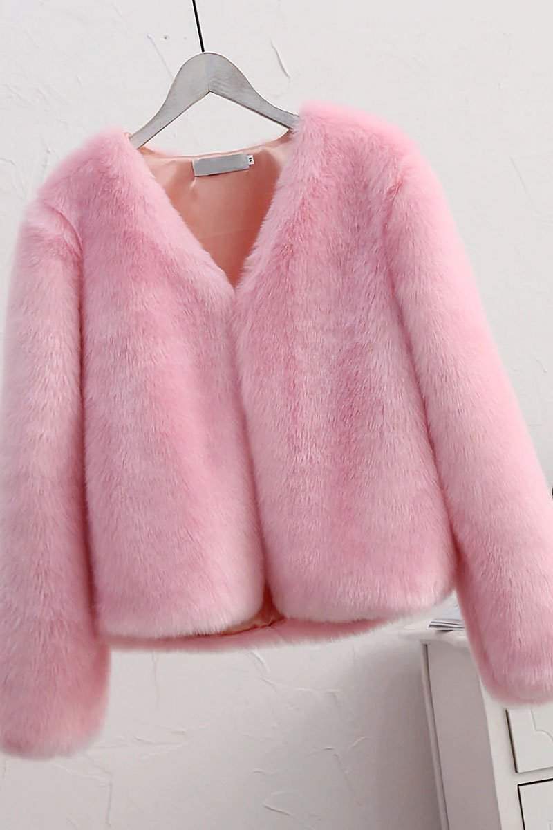 Pink bold faux fur jacket with V neckline and button front closure on hanger