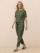 Women's 100% cotton linen set in monochrome with relaxed top and straight-leg pants