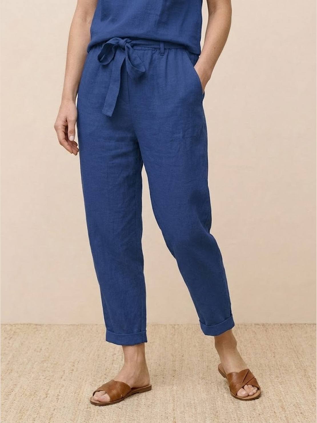 Soft breathable cotton linen set with relaxed top and straight-leg pants in monochrome tones