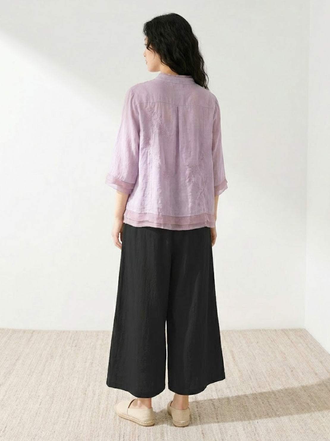 100% cotton linen Tuscany two-piece set with sheer embroidered top and wide-leg trousers