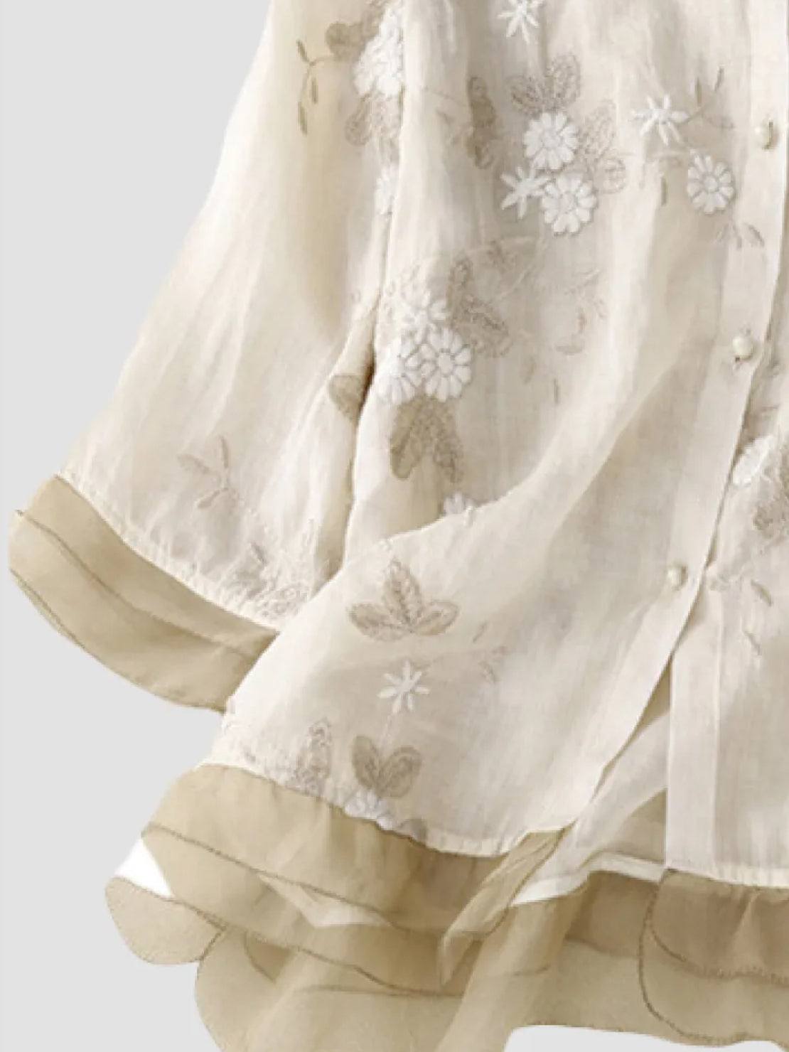 Women's 100% Cotton Linen Tuscany two-piece set with embroidered sheer top and wide-leg linen trousers