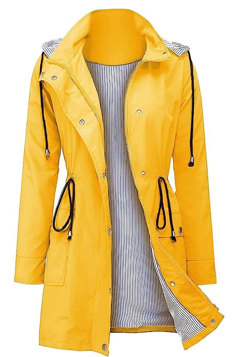 Yellow water resistant hooded striped windbreaker jacket with adjustable waist and multiple pockets for women