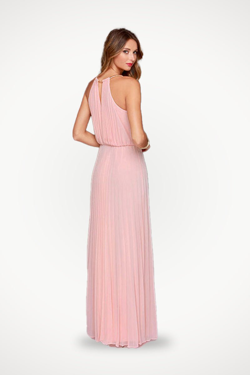 Woman wearing pink sleeveless belted maxi pleated dress back view on white background