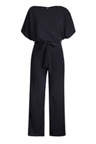 Black chic short-sleeved wide-leg jumpsuit with belt and elegant design for women
