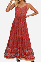 Red vintage flower prints maxi dress with spaghetti straps and elastic waist