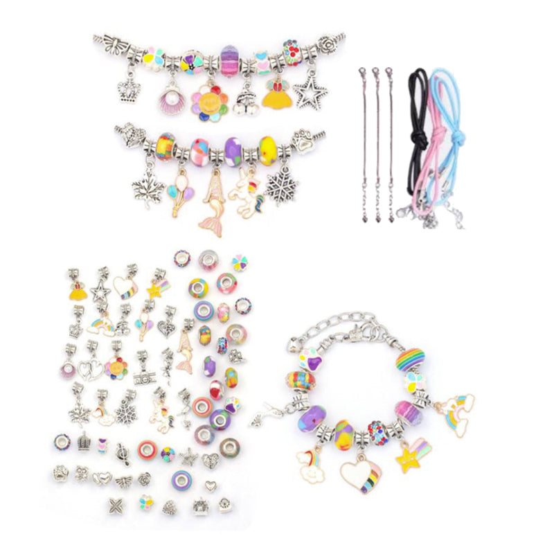 Kids bracelet-making kit with colorful beads, charms, and adjustable chains for creative jewelry crafting.