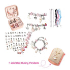 Kids Bracelet-Making Kit with beads, charms, chains, and bunny pendant for creative jewelry crafting.