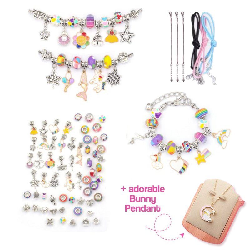 Kids bracelet-making kit with colorful beads, charms, and bunny pendant for creative jewelry crafting.