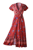 Red Bohemian floral print wrap dress with V-neck, high waist, ruffle skirt, short sleeves, and side slit