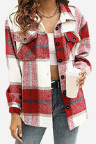 Women's long sleeve plaid flannel shirt in red and white with button pockets and casual fit