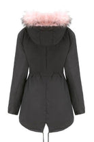 Black Fur Collar Fleece Coat with pink hood trim, mid-length, adjustable fit, warm polyester fleece interior