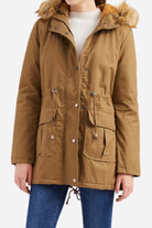 Brown large hooded velvet coat with fur trim, adjustable zipper, and multiple pockets for warmth and style