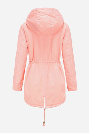 Back view of extra comfortable cotton parka coat in pink with hood and adjustable waist drawstring