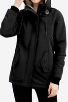 Black casual hooded velvet coat with adjustable rope hood, hidden elastic cuffs, and buttoned side pockets