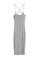 gray elegant side slit midi dress with crisscross straps and flattering silhouette