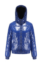 Blue reflective anti-splash slim fit puffer jacket with undetachable hood and water-resistant fabric