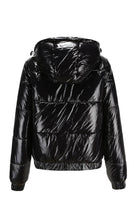 Black reflective anti-splash puffer jacket with hood and slim fit design
