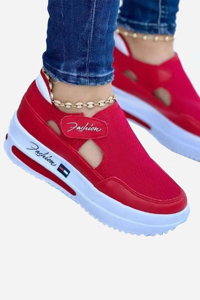 Red breathable wedge sneakers with white sole and velcro closure, stylish women's casual shoes with non-slip grip and cushioned memory foam insole.