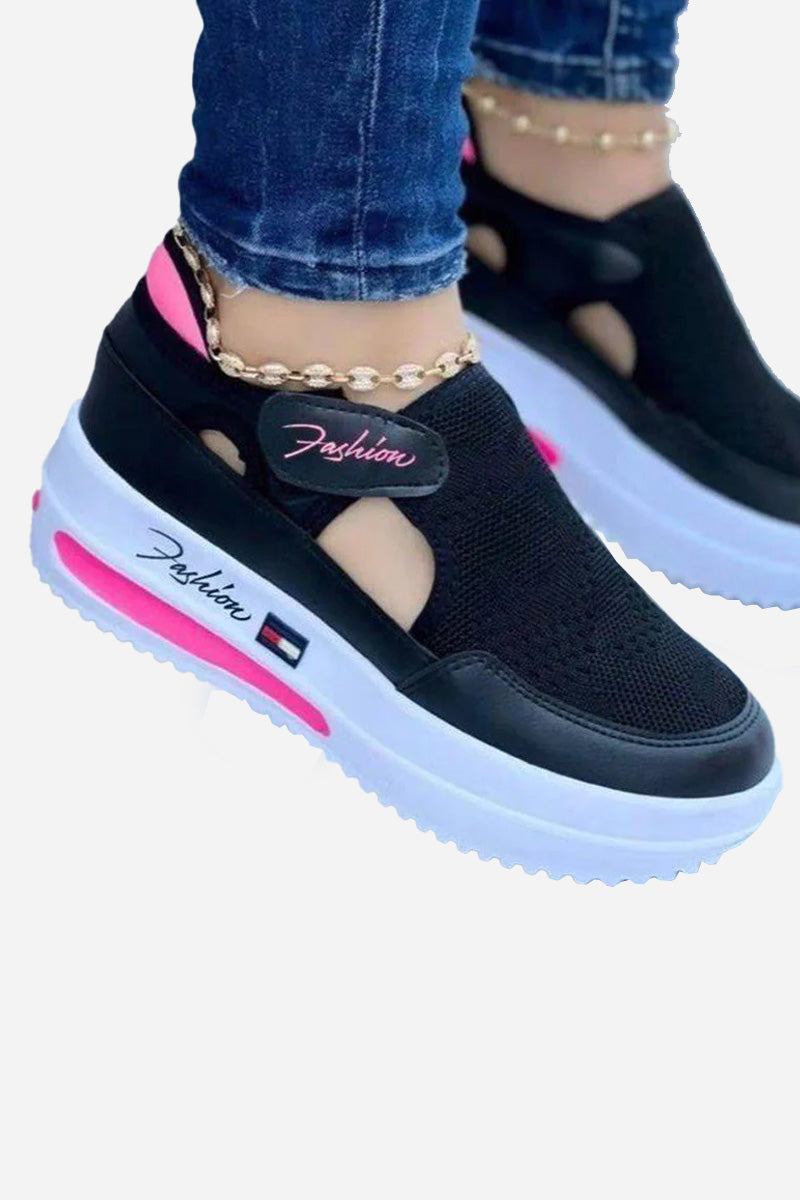 Black breathable wedge sneakers for women with velcro closure and non-slip sole