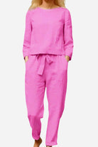 Retro monochrome linen two-piece set with long sleeves and tie-waist pants in pink