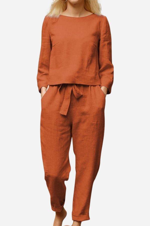 rust orange 100 cotton linen two-piece outfit with long sleeves and tie-waist pants
