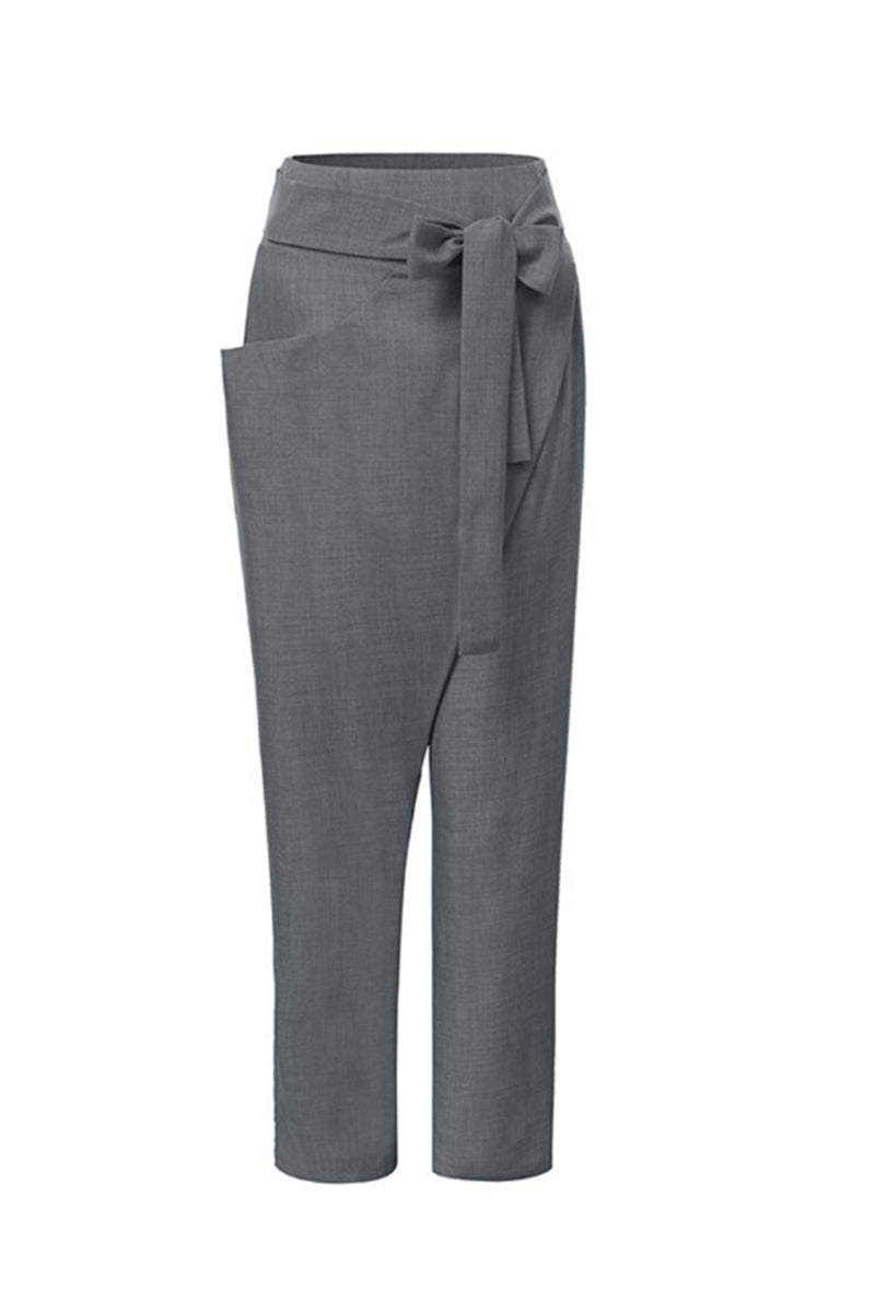 Gray high-waist wrapped pants with side pocket and tie belt detail, breathable and stretch fabric for comfort